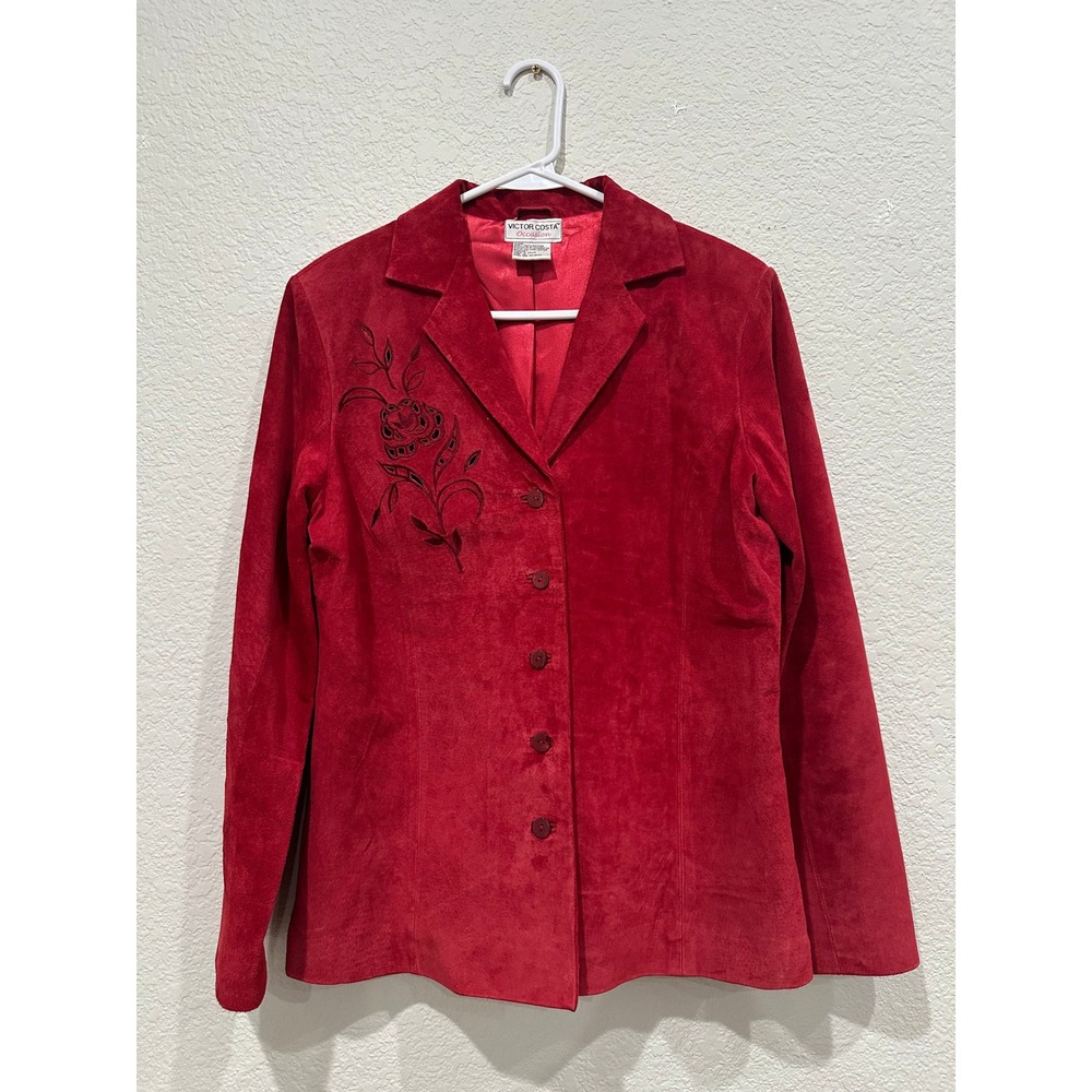 Victor Costa Occasion Red Suede Leather Blazer Floral Cut Out Embroidery W XS